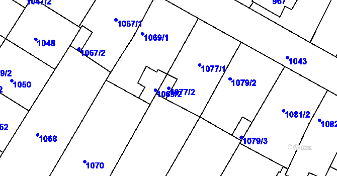 Parcela st. 1077/2 v KÚ Hrušovany u Brna, Katastrální mapa