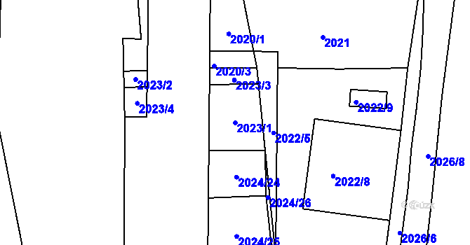Parcela st. 2023/1 v KÚ Hrušovany u Brna, Katastrální mapa