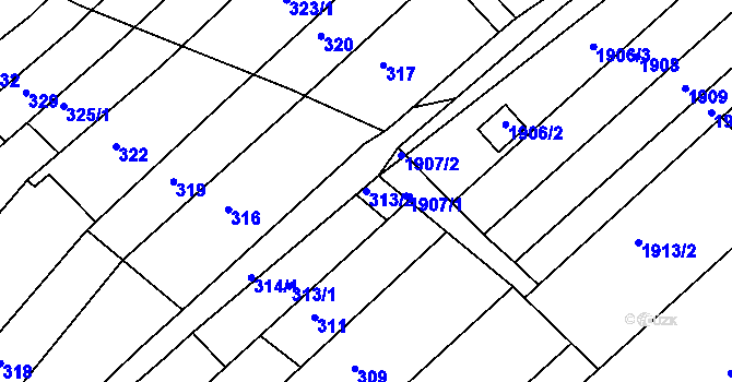Parcela st. 313/2 v KÚ Hrušovany u Brna, Katastrální mapa
