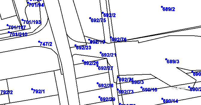 Parcela st. 692/21 v KÚ Hrušovany u Brna, Katastrální mapa