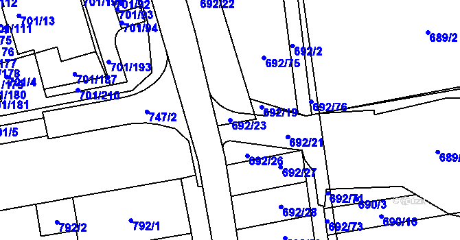 Parcela st. 692/23 v KÚ Hrušovany u Brna, Katastrální mapa