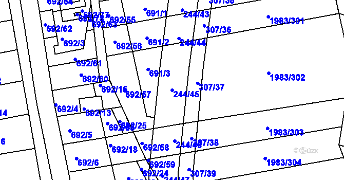 Parcela st. 244/45 v KÚ Hrušovany u Brna, Katastrální mapa