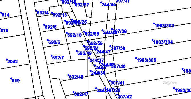Parcela st. 244/47 v KÚ Hrušovany u Brna, Katastrální mapa