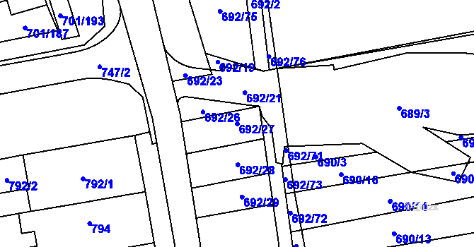 Parcela st. 692/27 v KÚ Hrušovany u Brna, Katastrální mapa