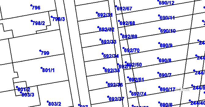 Parcela st. 692/34 v KÚ Hrušovany u Brna, Katastrální mapa