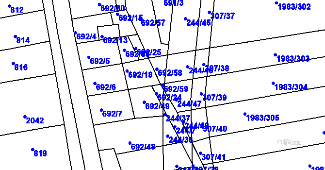 Parcela st. 692/59 v KÚ Hrušovany u Brna, Katastrální mapa