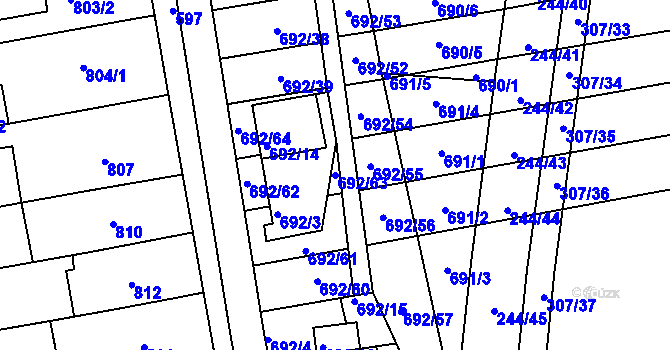 Parcela st. 692/63 v KÚ Hrušovany u Brna, Katastrální mapa