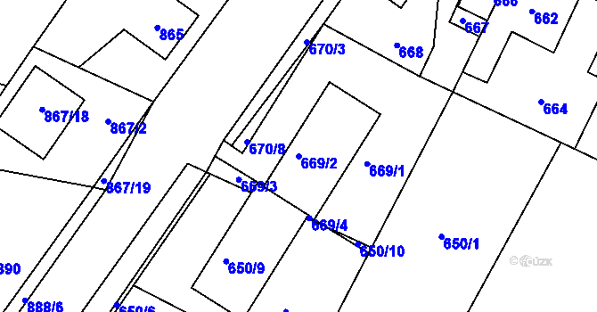 Parcela st. 669/2 v KÚ Hřebeč, Katastrální mapa