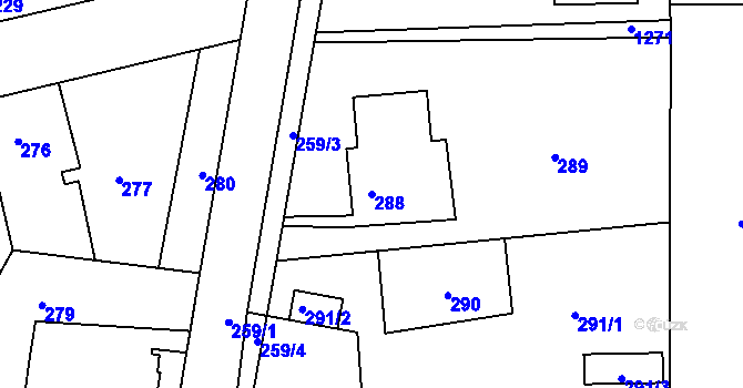 Parcela st. 288 v KÚ Hřebeč, Katastrální mapa