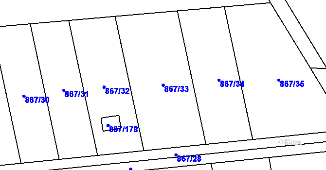 Parcela st. 867/33 v KÚ Hřebeč, Katastrální mapa