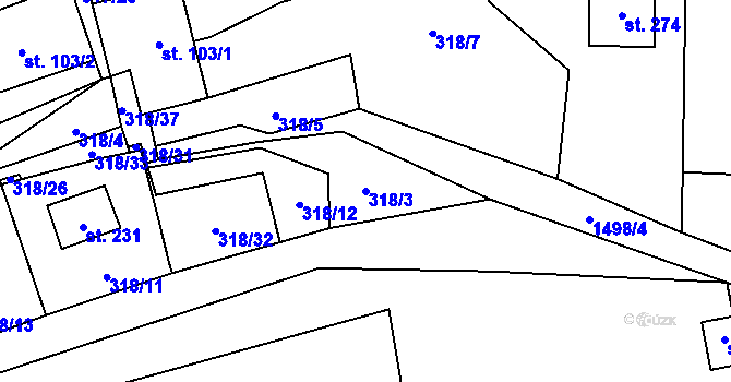 Parcela st. 318/3 v KÚ Hředle u Zdic, Katastrální mapa