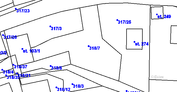 Parcela st. 318/7 v KÚ Hředle u Zdic, Katastrální mapa