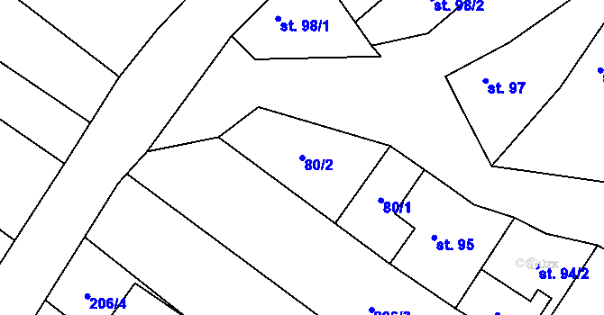 Parcela st. 80/2 v KÚ Hředle, Katastrální mapa
