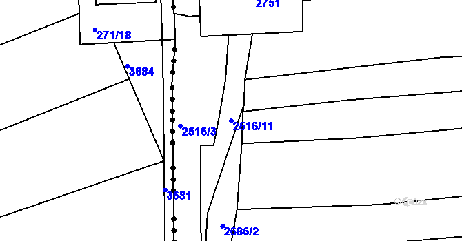 Parcela st. 2516/11 v KÚ Hředle, Katastrální mapa