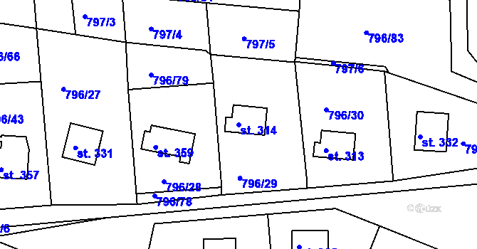 Parcela st. 314 v KÚ Hřiměždice, Katastrální mapa