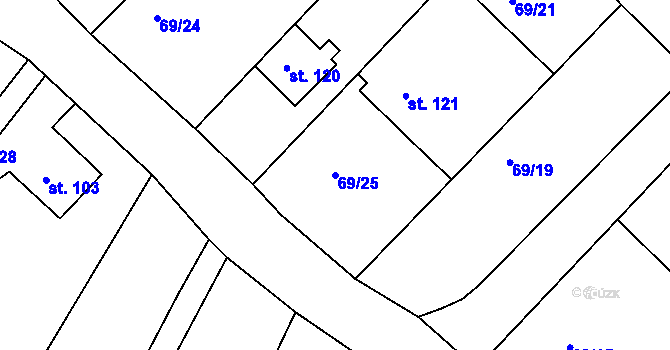 Parcela st. 69/25 v KÚ Hřiměždice, Katastrální mapa