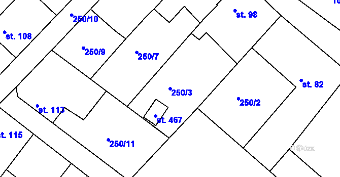 Parcela st. 250/3 v KÚ Hřiměždice, Katastrální mapa