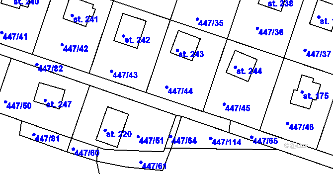 Parcela st. 447/44 v KÚ Hřiměždice, Katastrální mapa