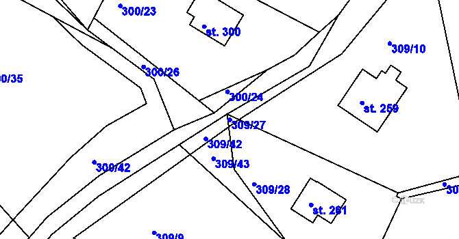 Parcela st. 309/27 v KÚ Hřiměždice, Katastrální mapa