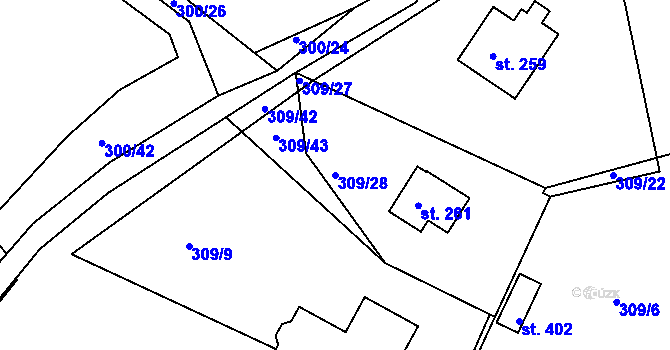 Parcela st. 309/28 v KÚ Hřiměždice, Katastrální mapa