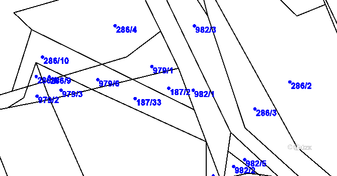 Parcela st. 187/2 v KÚ Hřivčice, Katastrální mapa