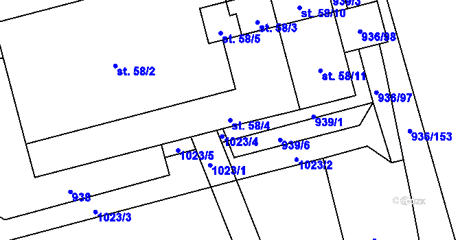 Parcela st. 58/4 v KÚ Hřivčice, Katastrální mapa