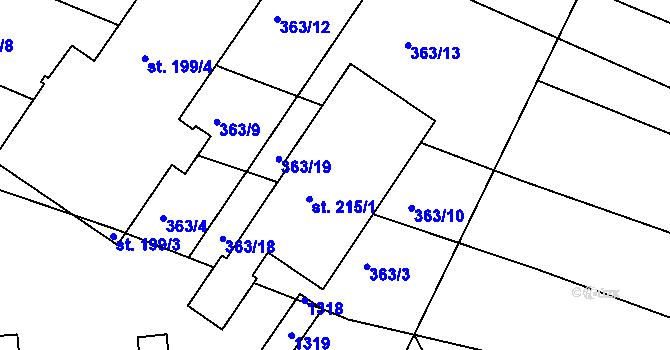 Parcela st. 215/1 v KÚ Hřivice, Katastrální mapa