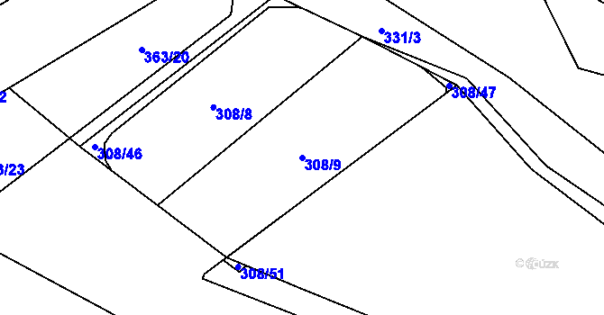 Parcela st. 308/9 v KÚ Hřivice, Katastrální mapa