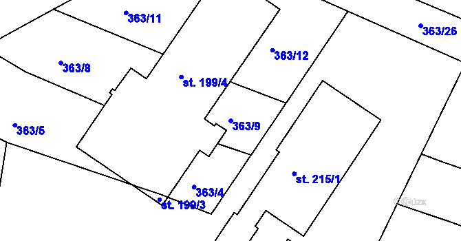Parcela st. 363/9 v KÚ Hřivice, Katastrální mapa