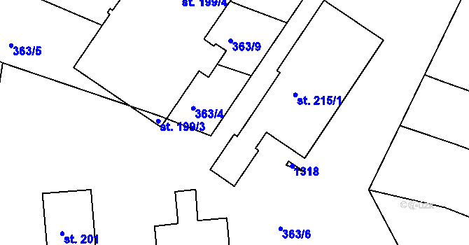 Parcela st. 363/18 v KÚ Hřivice, Katastrální mapa
