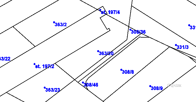 Parcela st. 363/20 v KÚ Hřivice, Katastrální mapa
