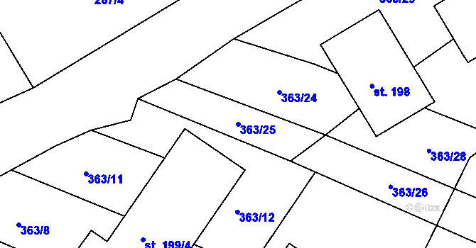 Parcela st. 363/25 v KÚ Hřivice, Katastrální mapa