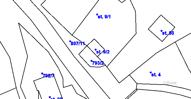 Parcela st. 9/2 v KÚ Hřmenín, Katastrální mapa