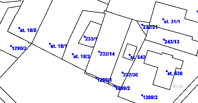 Parcela st. 232/14 v KÚ Hubenov, Katastrální mapa