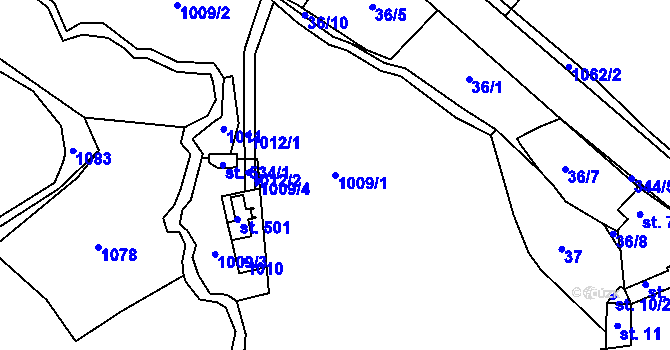 Parcela st. 1009/1 v KÚ Hubenov, Katastrální mapa