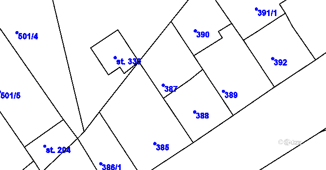 Parcela st. 387 v KÚ Hudcov, Katastrální mapa