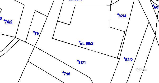 Parcela st. 69/2 v KÚ Hudčice, Katastrální mapa