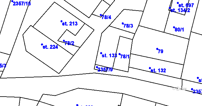 Parcela st. 133 v KÚ Hudlice, Katastrální mapa