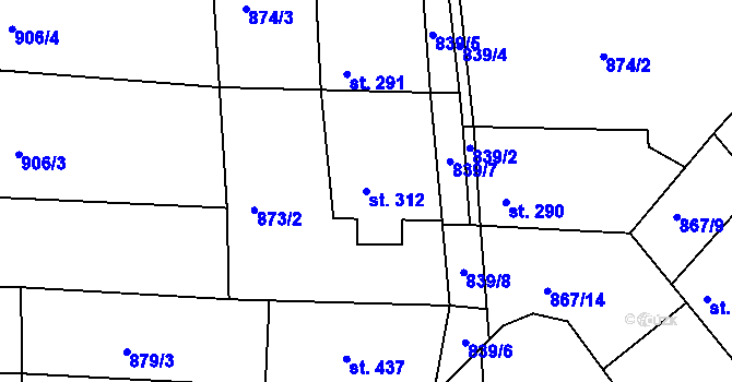 Parcela st. 312 v KÚ Hudlice, Katastrální mapa