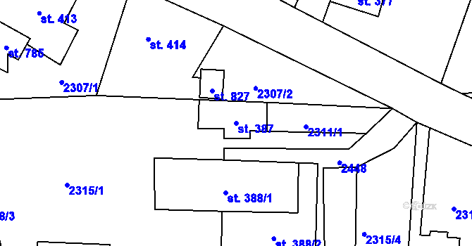 Parcela st. 387 v KÚ Hudlice, Katastrální mapa