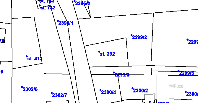 Parcela st. 392 v KÚ Hudlice, Katastrální mapa