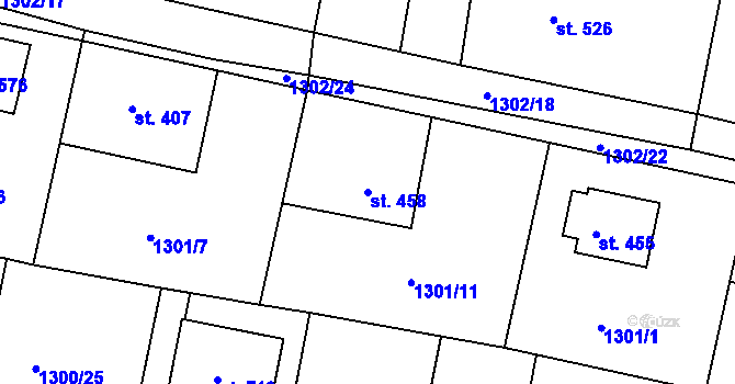 Parcela st. 458 v KÚ Hudlice, Katastrální mapa