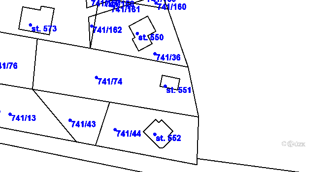 Parcela st. 551 v KÚ Hudlice, Katastrální mapa