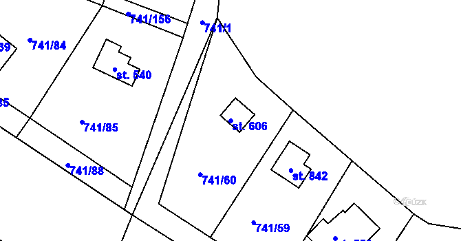 Parcela st. 606 v KÚ Hudlice, Katastrální mapa