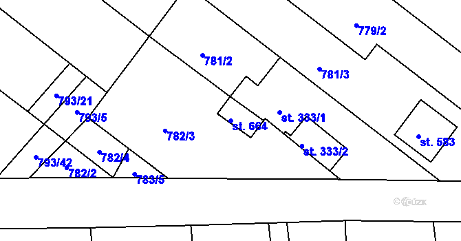 Parcela st. 664 v KÚ Hudlice, Katastrální mapa