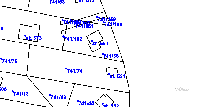 Parcela st. 741/36 v KÚ Hudlice, Katastrální mapa