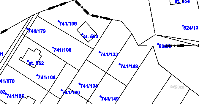 Parcela st. 741/133 v KÚ Hudlice, Katastrální mapa