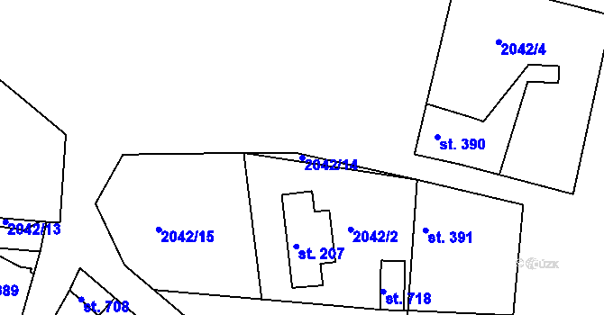 Parcela st. 2042/14 v KÚ Hudlice, Katastrální mapa