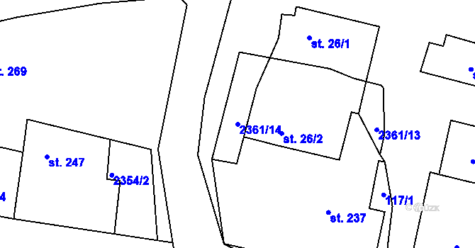 Parcela st. 2361/14 v KÚ Hudlice, Katastrální mapa