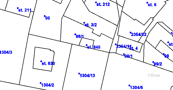 Parcela st. 845 v KÚ Hudlice, Katastrální mapa